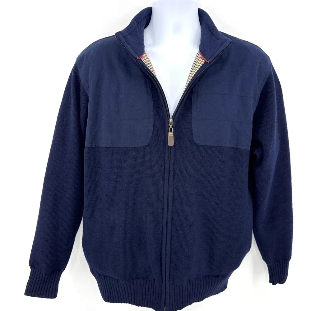 Orvis Men's Wool Sweater Jacket M Full Zip Plaid Lined Navy Shooting Patches